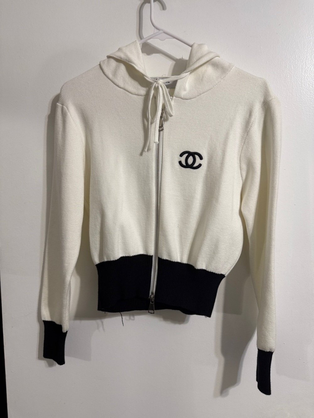 Cream and Black Hooded Zip Sweater